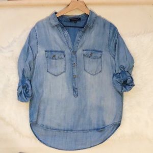 Chambray Denim Blue Blouse with Pockets